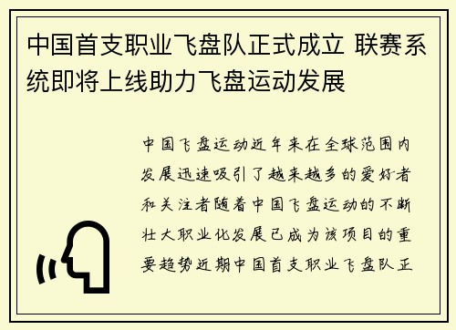 中国首支职业飞盘队正式成立 联赛系统即将上线助力飞盘运动发展 中国首支职业飞盘队正式成立 联赛系统即将上线助力飞盘运动发展